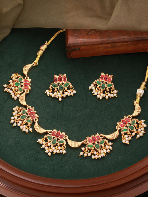 Gold Plated Red & Green Stone Studded Lotus Choker Jewellery Set