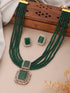 Silver Toned Kundan Studded Emerald Onyx Multilayered Designer Maala Pendant Jewellery Set