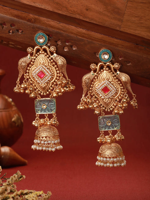 Gold Toned Kundan Studded Lightweight Bird Motif Statement Bridal Jhumka Earrings