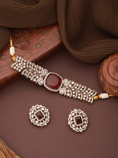 Gold Toned Ruby Red Mossanite Kundan Statement Choker Jewellery Set