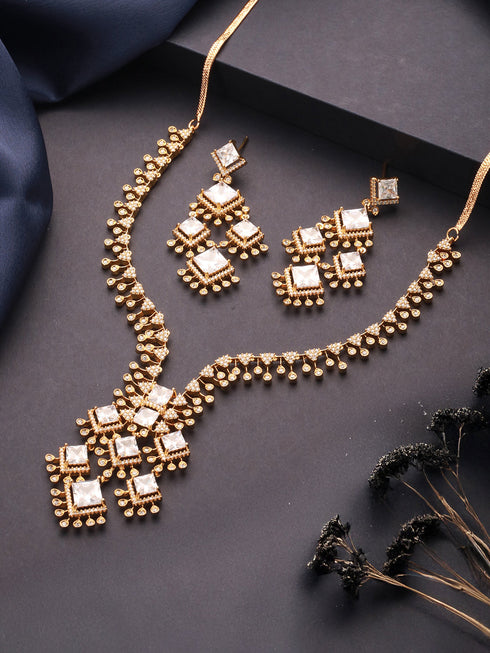 Gold Toned Cubic Zirconia Studded Designer Chandelier Statement Necklace Jewellery Set