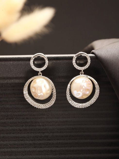 Silver Plated Quirky Pearl Drop Minimal Orbital Earrings