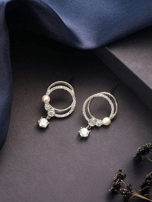 Silver Toned AD Studded Hoop Drop Earrings