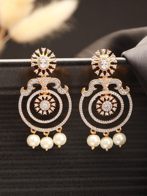 Gold Toned Cubic Zirconia & Pearl Beaded Designer Chandelier Chandbali Drop Earrings