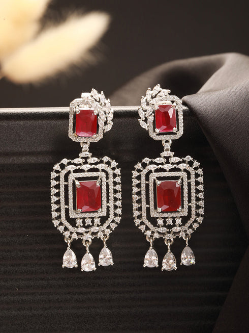 Silver Toned Red Ruby Studded Elegant Cocktail Drop Earrings
