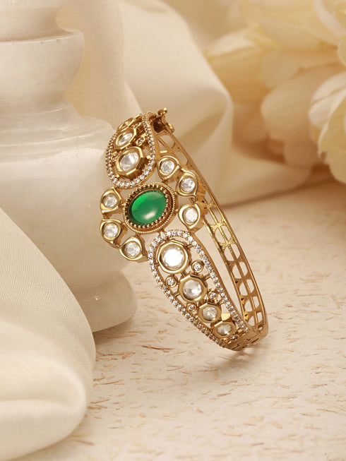 Gold Polish Green Emerald Kundan Mossanaite Studded Floral Openable Kada Bracelet