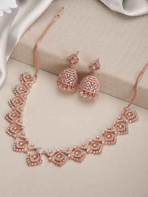 Rose Gold AD Studded Statement Designer With Classic Jhumka Earrings Necklace Jewellery Set