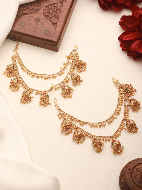 Gold Plated Double Layered Pearls Matil Jhumka Design Champaswaralu Temple Ear Chain Earrings