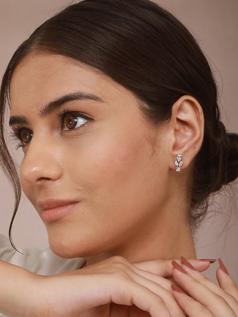 925 Sterling Silver Cubic Zirconia Leaf Studds Earrings