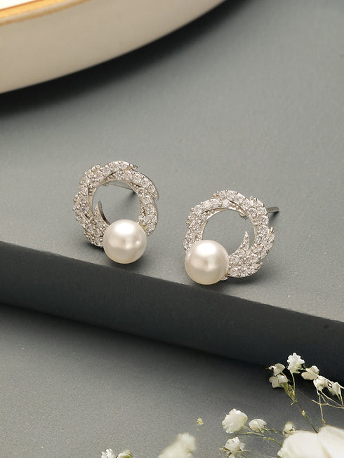 Silver Plated AD & Pearl Studded Floral Minimal Contemporary Studds earrings