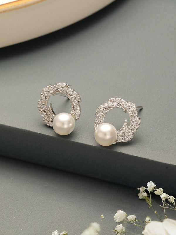 Silver Plated AD & Pearl Studded Floral Minimal Contemporary Studds earrings
