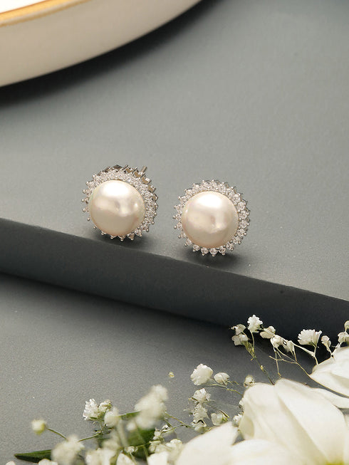 White Rhodium AD & Pearl Studded Classic Minimal Solitaire Studds Earrings