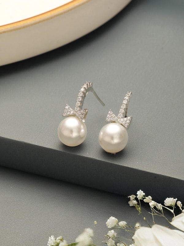 White Rhodium Plated AD & Pearl Studded Bow Pearl Drop Minimal earrings