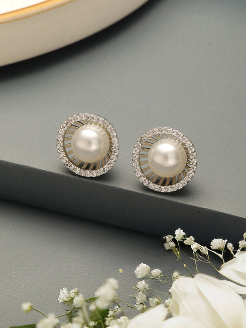 Silver Plated AD Studded Orbital Pearl Minimal Studds Earrings