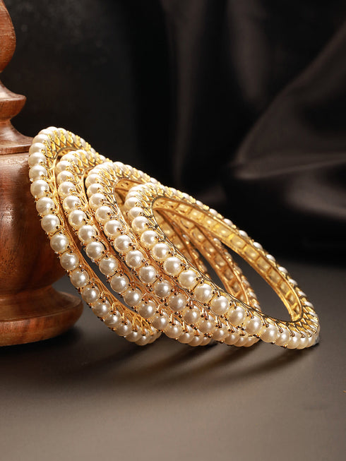 Set Of 4 Gold Polish Pearl Beaded Partywear Bangles