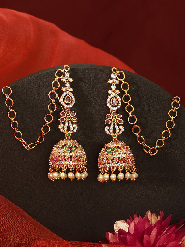 Gold Plated Zircon AD Studded Floral Bridal Matil Earchain Earrings