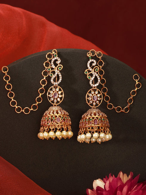 Gold Plated Zircon AD Studded Red Floral Bridal Matil Earchain Earrings