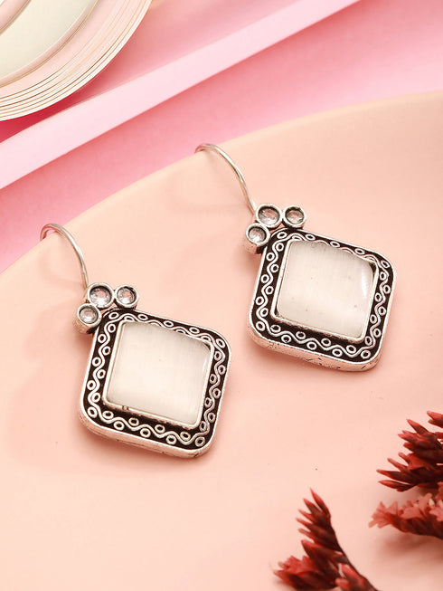 Silver Oxidised Plated White Stone Studded Square Minimal Fish Hook Earrings