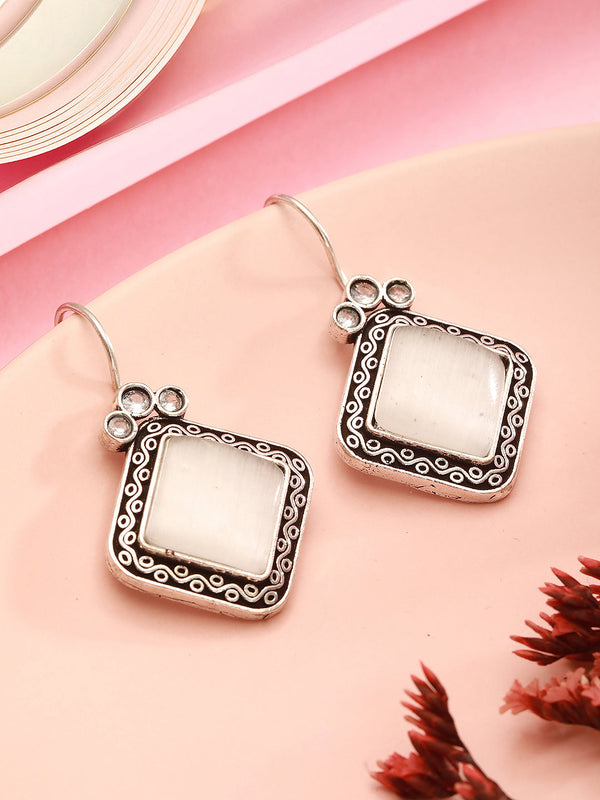 Silver Oxidised Plated White Stone Studded Square Minimal Fish Hook Earrings