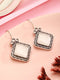 Silver Oxidised Plated White Stone Studded Square Minimal Fish Hook Earrings