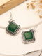 Silver Oxidised Plated Green Stone Studded Square Minimal Fish Hook Earrings