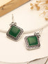 Silver Oxidised Plated Green Stone Studded Square Minimal Fish Hook Earrings
