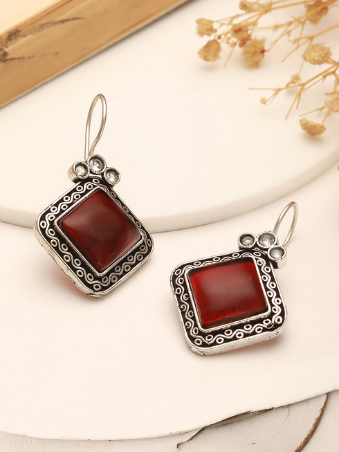 Oxidised Silver Plated Red Stone Studded Square Minimal Fish Hook Earrings