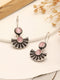 Oxidised Silver Plated Pink Stone Studded Minimal Fan Shaped Fishhook Earrings