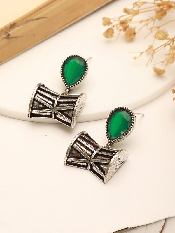 Oxidised Silver Toned Emerald AD Zircon Studded Handcrafted Damru Shaped Studds Earrings
