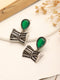 Oxidised Silver Toned Emerald AD Zircon Studded Handcrafted Damru Shaped Studds Earrings