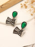 Oxidised Silver Toned Emerald AD Zircon Studded Handcrafted Damru Shaped Studds Earrings
