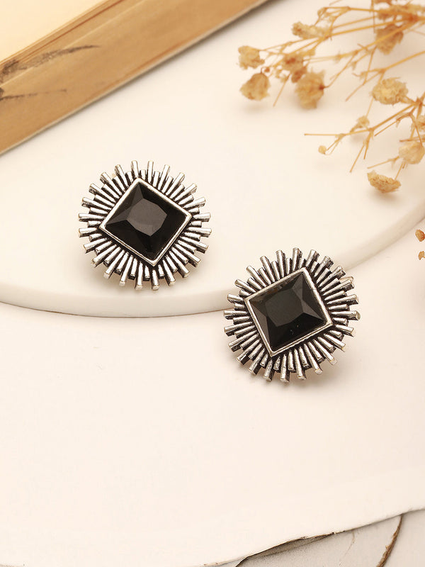 Oxidised Silver Toned Black Stone Studded Geometric Square Shaped Minimal Studds Earrings