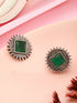 Oxidised Silver Toned Emerald Green Stone Studded Geometric Square Shaped Minimal Studds Earrings