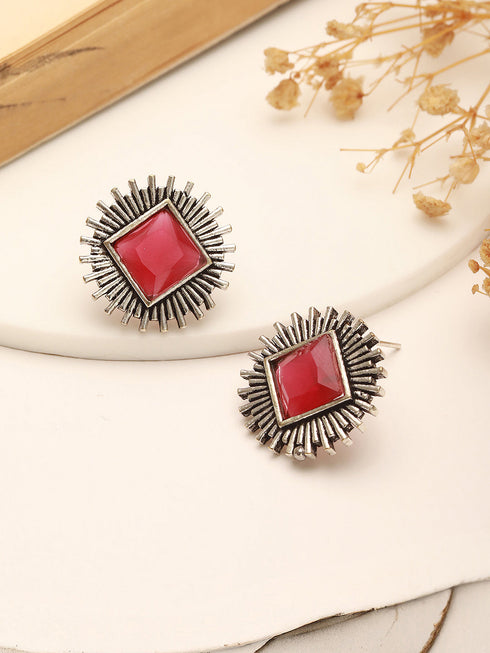 Oxidised Silver Toned Ruby Red Stone Studded Geometric Square Shaped Minimal Studds Earrings