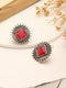 Oxidised Silver Toned Ruby Red Stone Studded Geometric Square Shaped Minimal Studds Earrings