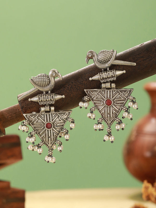 Oxidised Silver Toned Red Stone & Pearl Beaded Drop Handcrafted Long Dangler Minimal Statement Earrings