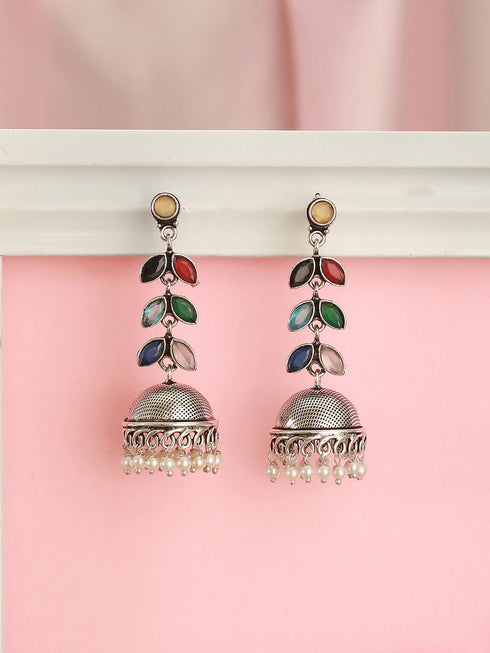 Oxidised Silver Toned Multicolored Handcrafted Leaf Design Dangler Minimal Jhumka Earrings