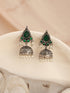 Oxidised Silver Toned Emerald Green AD Zircon & Pearl Beaded Dangler Minimal Jhumka Earrings