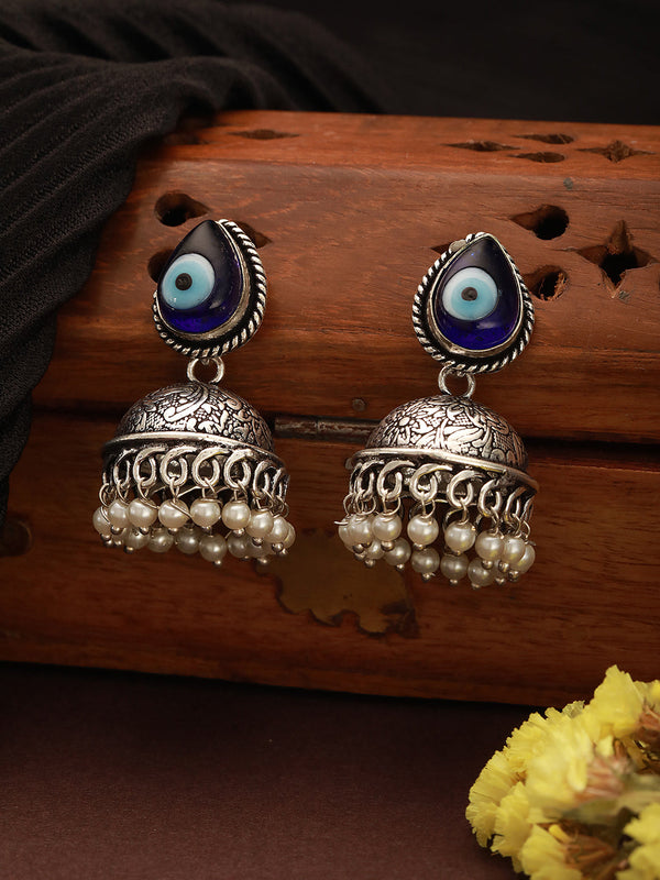 Oxidised Silver Toned Evil Eye Handcrafted Minimal Trendy Jhumka Earrings