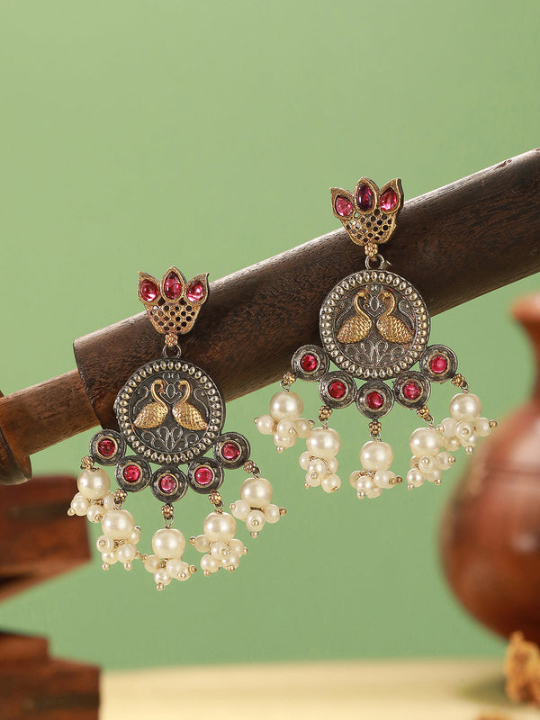 Oxidised Dual Toned Red Stone Pearl Beaded Handcrafted Peacock Filigree Chandbali Earrings