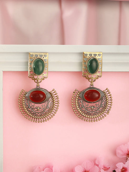 Antique Gold-Toned Dual Red & Green Stone Engraved Handcrafted Dangler Earrings