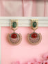 Antique Gold-Toned Dual Red & Green Stone Engraved Handcrafted Dangler Earrings