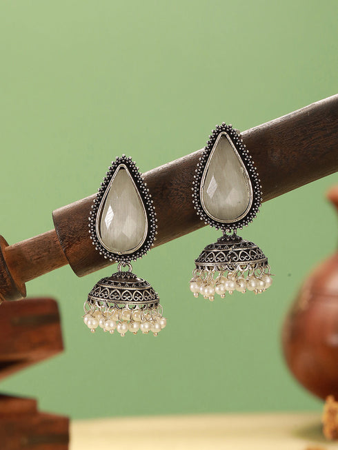 Oxidised Silver-Toned White Stone & Pearl Beaded Teardrop Stone Handcrafted Jhumka Earrings