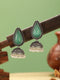 Oxidised Silver-Toned Green Stone & Pearl Beaded Teardrop Stone Handcrafted Jhumka Earrings