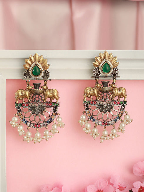 Antique Gold Oxidised Emerald Green Stone & Pearl Beaded Nandi Motif Tribal Contemporary Chandbali Dangler Earrings