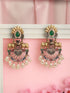 Antique Gold Oxidised Emerald Green Stone & Pearl Beaded Nandi Motif Tribal Contemporary Chandbali Dangler Earrings