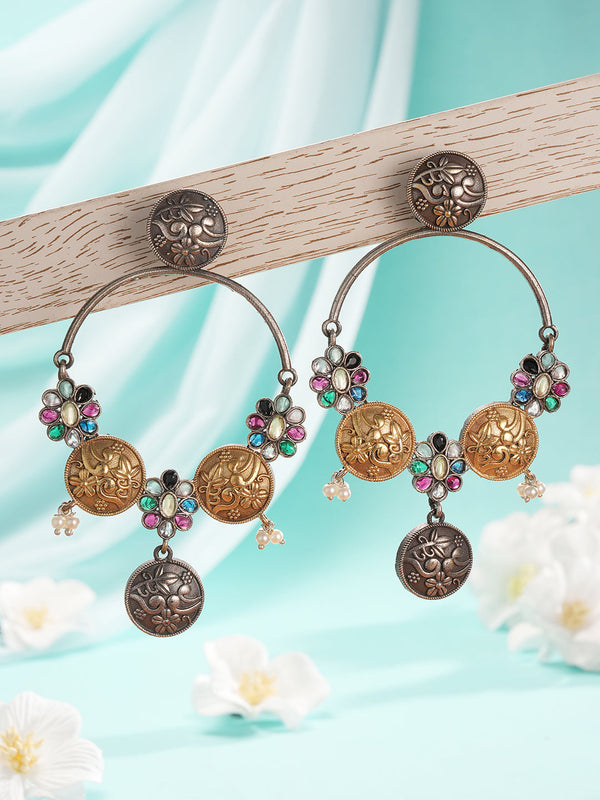 Oxidised Dual Toned Red Stone Pearl Beaded Handcrafted Floral Filigree large Hoop Chandbali Earrings