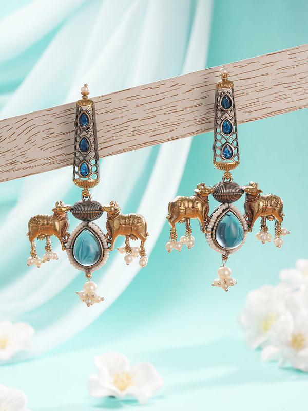 Oxidised Silver Plated Dual Plated Turquoise Blue Pearl Beaded Bull Motif Contemporary Dangle Earrings