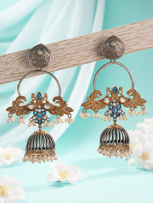 Oxidised Dual Toned Pearl Beaded Floral Peacock Design Contemporary Hoop Jhumka Earrings
