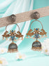 Oxidised Dual Toned Pearl Beaded Floral Peacock Design Contemporary Hoop Jhumka Earrings